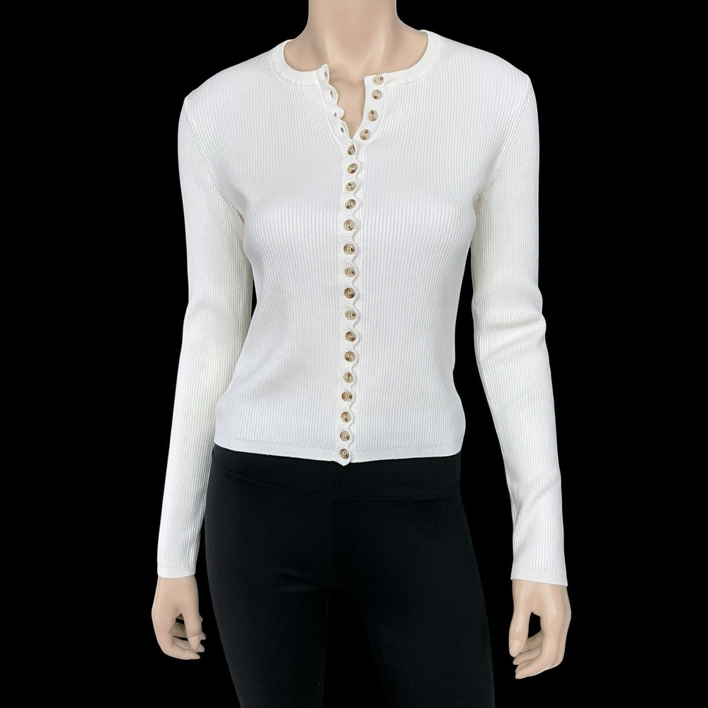 H&M Top Women Small Ivory Long Sleeve Ribbed Button Down Scalloped NWT